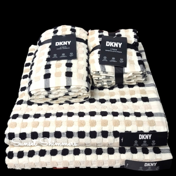 DKNY 8Pc 2 Bath 2 Hand 4 Washcloth TAN BLACK WHITE Gingham Check Towel Set NEW - Picture 10 of 10